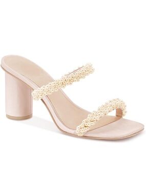 Pearl-Embellished pink Nude Block Heel Sandal